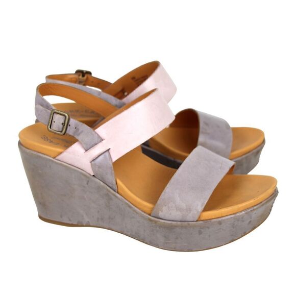 Kork-Ease GRAY PINK GENUINE LEATHER OPEN TOE HIGH HEEL WEDGE SHOES Sz 8M - Picture 6 of 11